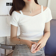 然往短袖T恤女夏季黑色甜美一字肩吊帶修身露肩性感鎖骨修身純色上衣 白色 L【適合102-112斤】