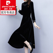 皮爾卡丹（pierre cardin）金絲絨連衣裙春秋裝年新款氣質洋氣打底大擺中長裙女裝 黑色 L 105-120斤