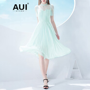 AUI 蕾絲短袖連衣裙2023女夏新款綠色名媛氣質(zhì)法式雪紡拼接百褶裙 綠色 S