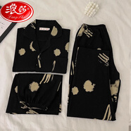 浪莎（LangSha）奶fufu純棉紗布睡衣女春夏季短袖長(zhǎng)褲短褲三件套裝可愛(ài)卡通家居服 平紋-黑色扎染短.袖+短褲+長(zhǎng)褲】 2XL 女款130-160斤穿】