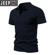 JEEP SPIRIT男士高端短袖2025夏季翻領(lǐng)純色復古棉個(gè)性潮流V領(lǐng)T恤男修身體恤衫 深藏青色 2XL 160-170斤