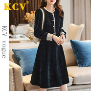 KCV女裝蕾絲連衣裙氣質(zhì)圓領(lǐng)長(zhǎng)袖打底裙顯瘦中長(zhǎng)款燈芯絨包臀裙子 黑色 M