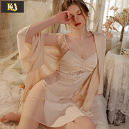 KJ性感緞面拼接蕾絲睡衣女夏加胸墊吊帶睡裙冰絲外袍女士家居服套裝 杏粉色【睡裙+外袍】 M【適合80-105斤】