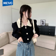 CTOX早春法式復古撞色鉤花娃娃領針織開衫女溫柔甜美短款翻領毛衣外套 黑色 S 80-95斤