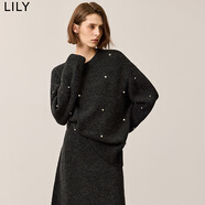 LILY冬新款女裝格雷系輕奢手工不規則釘鉆寬松百搭圓領(lǐng)毛衣女 509深灰 M