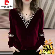 皮爾卡丹（pierre cardin）大尺碼女裝v領(lǐng)t恤金絲絨上衣秋冬新款寬松顯瘦遮肚子長(zhǎng)袖時(shí)髦打底 酒紅色【金絲絨加絨】 4XL 建議160-180斤