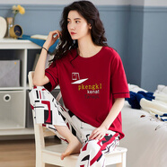 美即萊（MEIJILAI） 睡衣女夏天純棉短袖七分褲春秋季女士休閑寬松可外穿家居服套裝 8837 L （身高160-165體重100-120）