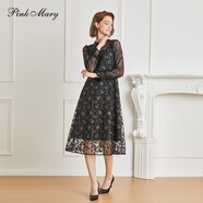 pinkmaryPink Mary/粉紅瑪琍連衣裙女2023秋季氣質(zhì)刺繡長(cháng)袖裙子PMAMW5723 黑色 L
