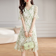 莉紗芙特2025年春天夏季新款中式改良旗袍女士裝印花雪紡氣質(zhì)連衣裙子衣服 圖片色 L （建議：106-116斤）