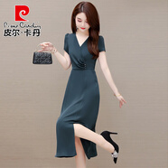 皮爾卡丹（pierre cardin）醋酸緞面連衣裙2025年新款春夏季女裝高端洋氣質(zhì)雪紡禮服品牌媽 灰藍色 M