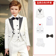 ELPA兒童燕尾禮服套裝花童禮服男童西裝套裝主持人鋼琴演出服西服英倫 白花5件套：3件套+白襯衫+領(lǐng)結 150 碼 身高145-150cm 重72-80斤