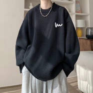 雪萊瓊斯（Shelley Jones）圓領(lǐng)毛衣男冬季美拉德外套針織衫美式潮牌復(fù)古純色套頭衛(wèi)衣打底衫 黑色 M