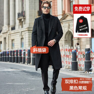 Mr.baidis秋冬毛呢大衣男裝羊毛大衣加厚呢子大衣過膝外套中長款商務(wù)歐美風(fēng) 雙排扣過膝款2005黑色常規(guī) 195/4XL