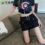 花嵐娜 歐美辣妹牛仔半身裙女裝夏季2025年新款短裙防走光a字包臀裙子 黑色 【防走光ku裙】 L