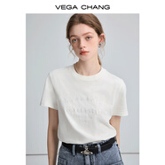 VEGA CHANG字母刺繡t恤女短袖2025秋裝新款圓領(lǐng)白色時尚體恤衫百搭上衣ins風(fēng) 泡沫白 M