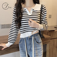 Jret撞色條紋毛衣女秋季2025年新款法式溫柔風(fēng)顯瘦短款針織衫套頭上衣 黑白條 均碼 彈力均碼(建議70-120斤)