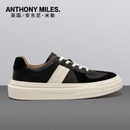 Anthony Miles休閑板鞋男港風潮流百搭小白鞋真皮舒適系帶平底低幫鞋休閑男鞋 黑色 39