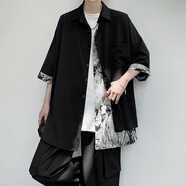 普戈斯新中式男女裝中國風(fēng)襯衫男夏季潮牌假兩件高級感七分袖襯衣外套 黑色 M 95至115斤可穿