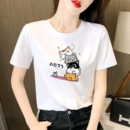 艾羅帝朗純棉t恤女寬松百搭圓領學生短袖T恤白色顯瘦上衣打底衫女夏季新款 貓咪 S 【建議：75-90斤】