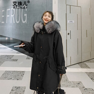 艾珠兒工裝派克服棉服女冬季新款女裝加絨加厚中長款棉衣寬松棉襖外套女 黑色 S(建議118斤以下)