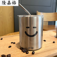 吸管保溫杯創(chuàng  )意表情咖啡杯隨行杯ins小眾保溫杯子帶吸管不LB 佛系款銀