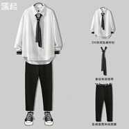 GQWWQXdk套裝男制服青少年學(xué)生領(lǐng)帶氣質(zhì)帥氣學(xué)院風(fēng)jk長(cháng)袖襯衫男潮流 白色+黑色 XL