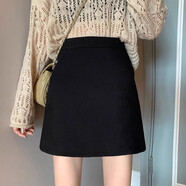 ANGEL MOOD春秋新款半身裙女春秋黑色毛呢短裙2025新款高腰包臀裙裙子顯瘦A 黑色鹿皮絨小個子 L