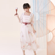 十三余小豆蔻兒[半展紅]國(guó)風(fēng)繡花網(wǎng)紗蝴蝶結(jié)印花連衣裙日常通勤夏 連衣裙 現(xiàn)貨 S