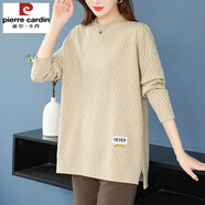 皮爾卡丹（pierre cardin）羊毛衫開叉毛衣女中長款寬松顯瘦針織衫圓領(lǐng)碼大打底衫羊絨上衣 米色 4XL建議155-170斤