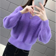 妙變美女毛衣女2023年春季新款女裝加厚保暖套頭針織打底衫女寬松v領(lǐng)上衣 紫色 2XL 建議125-140斤
