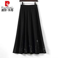 皮爾卡丹（pierre cardin）印花毛呢中長款A字裙女2023新款秋冬半身裙大擺裙長裙子 黑色 均碼 適合85-150斤