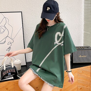 德瑪納（dme）夏季女裝t恤女短袖新款歐美時(shí)尚上衣女寬松休閑精美印花純棉上衣 綠色 S