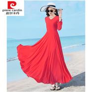 皮爾卡丹（pierre cardin）新款春夏V領(lǐng)女長(zhǎng)袖色沙灘度假雪紡連衣裙修身顯瘦飄逸大擺長(zhǎng)針織 紅色 L 建議105-115斤
