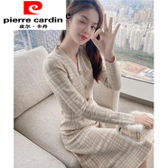 皮爾卡丹（pierre cardin）復(fù)古針織v領(lǐng)連衣裙23年新款春秋季內(nèi)搭氣質(zhì)顯瘦加厚打底 卡其 S