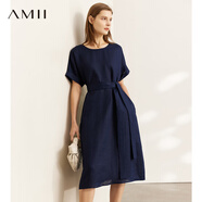 AMII女裝2025小清新配腰帶長(cháng)款連衣裙新款亞麻收腰裙子女顯 藏藍 S 155/80A