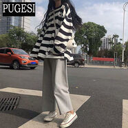 棉褲春季女學(xué)生韓版寬松原宿條紋長袖休閑闊腿褲女 條紋上衣灰色褲子 L建議95-115斤