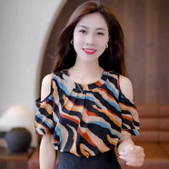 憶靈時(shí)尚洋氣露肩碎花雪紡衫女2025夏季新款百搭氣質(zhì)遮肉顯瘦短袖小衫 彩色 3XL 【135-150斤】
