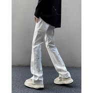 迪伽達設計感牛仔褲男休閑工裝褲高街潮流綁帶微喇直筒褲寬松闊腿長(cháng)褲子 HWFS-y11白色 M