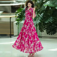 NUKM大擺中長(cháng)款雪紡連衣裙女2025新款V領(lǐng)短袖海邊度假拍照長(cháng)裙到腳踝 05玫紅色（當天發(fā)貨 XL 110-120斤左右 偏小卡碼拍大一碼
