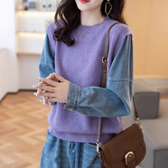巧除牛仔袖拼接假兩件毛衣女秋裝2025新款寬松針織衫秋冬加厚上衣 紫色 XL 建議115-125斤