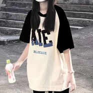 夏季爆款2024插肩短袖女學生寬松T恤初中高中生少女裝衣服學院風 ALE黑拼杏上衣 M  建議90-105斤