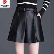 皮爾卡丹（pierre cardin）高腰pu皮短褲女2024秋冬新款韓版寬松a字闊腿褲時(shí)尚百搭打底靴褲 黑色 30/2XL 體重120~130斤