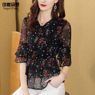 莎妮朵羅雪紡衫胖妹妹夏裝新品顯瘦款寬松遮肚子碎花休閑T恤女上衣15897 黑色 3XL 建議140-160斤穿著(zhù)