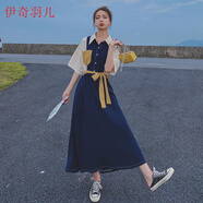 女裝2022年新款夏裝連衣裙女夏新款連衣裙超仙氣質(zhì)襯衫裙法式復(fù)古裙子夏天拼接撞色過膝長裙子 藏青色 腰帶 M