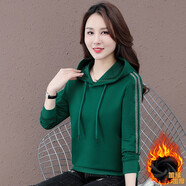 牧思特長(cháng)袖t恤女秋冬季韓版寬松連帽衛衣女裝百搭打底衫休閑T恤女士體恤 068綠色帶絨 L
