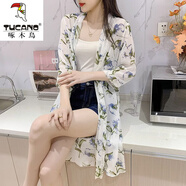 啄木鳥(niǎo)雪紡防曬衫女中長(cháng)款2025夏季新款韓版外搭開(kāi)衫披肩薄款外套冰絲 白底蘭花 M