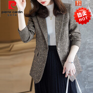 皮爾卡丹（pierre cardin）毛呢小西裝外套女2025春秋新款深灰色中厚亮片人字紋短款羊毛西服 咖色西裝 XL