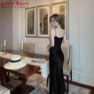 LOVER RUCCI法國高級感小眾年會(huì )生日晚禮服小個(gè)子醋酸緞面性感蕩領(lǐng)吊帶連衣裙 黑色 S