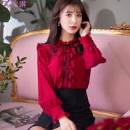 雪紡衫女 百搭雪紡衫韓版女超仙女春秋款蕾絲上衣款雪紡長(zhǎng)袖上衣女紅色襯衫木耳立領(lǐng)荷葉邊洋氣遮肚雪紡小衫 紅色雪紡 L 建議111-120斤