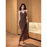 SHENSHEN WITH U深深定制 辣妹性感V領(lǐng)豹紋吊帶裙女法式氣質(zhì)開(kāi)叉包臀裙沙灘長(cháng)裙子 豹紋 S